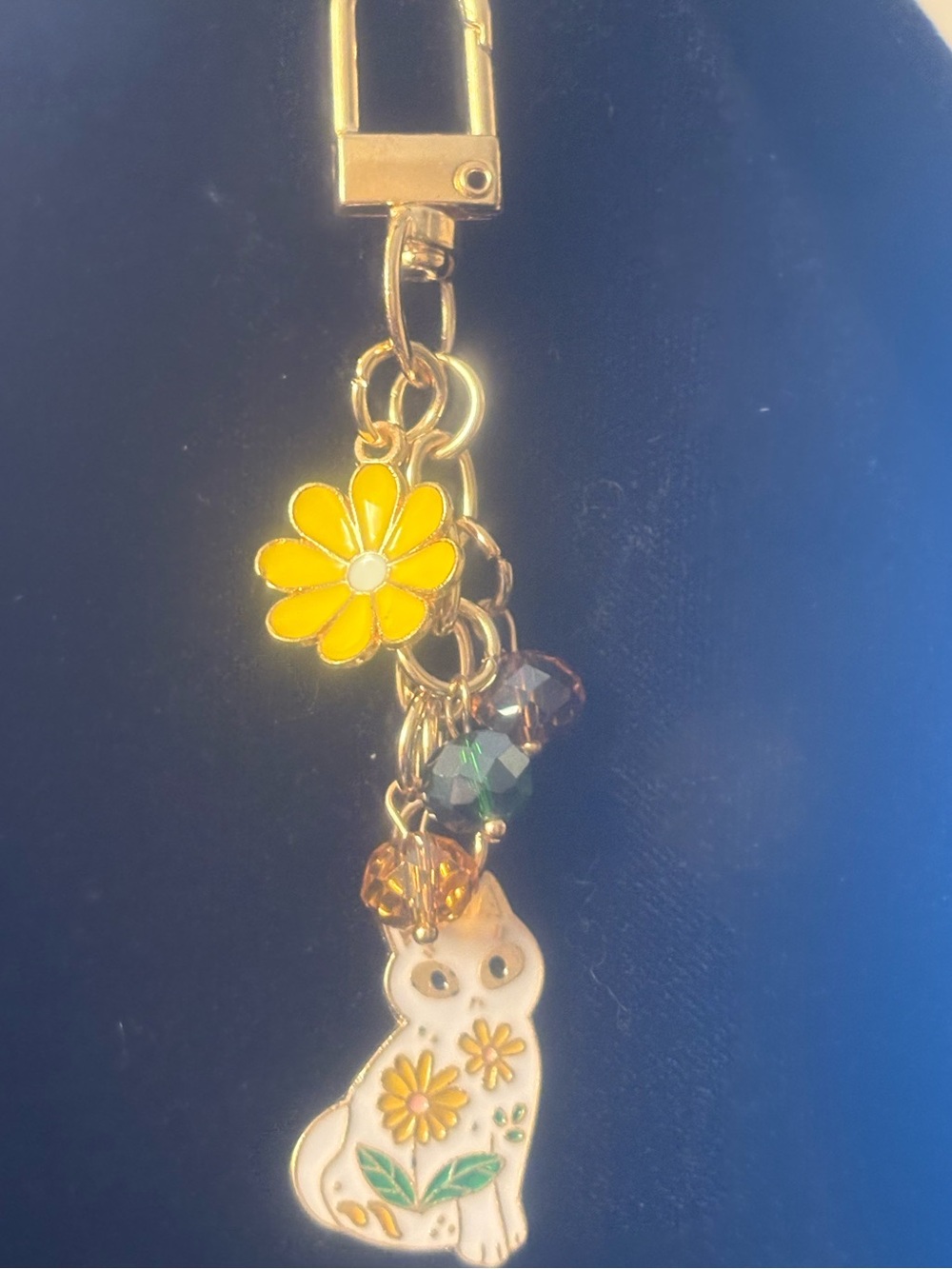 Gold-Tone Yellow Floral Cat Keychain/Purse Charm